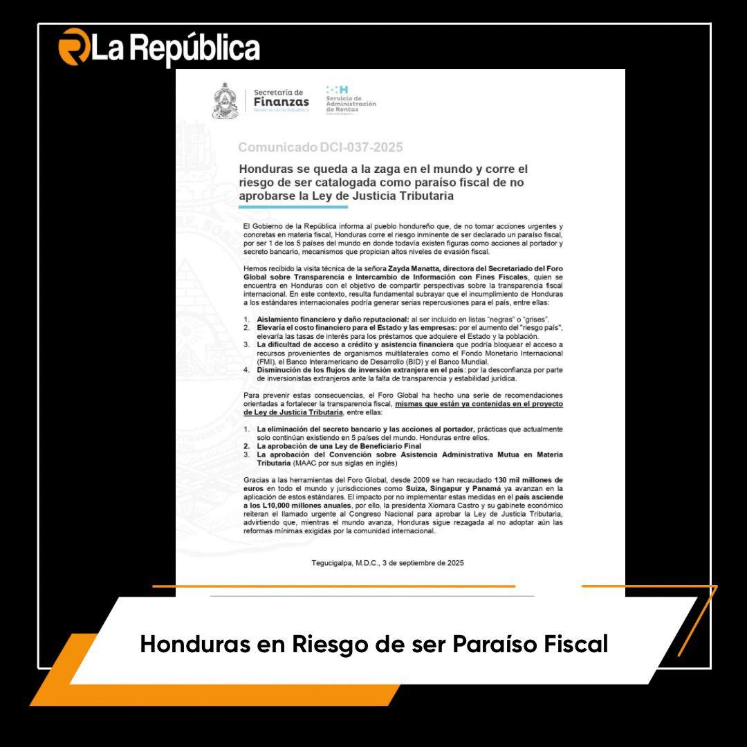 El Servicio de Administración de Rentas (SAR) ha comunicado que Honduras podría ser declarado paraíso fiscal si no se aprueba la Ley de Just - Cover Image